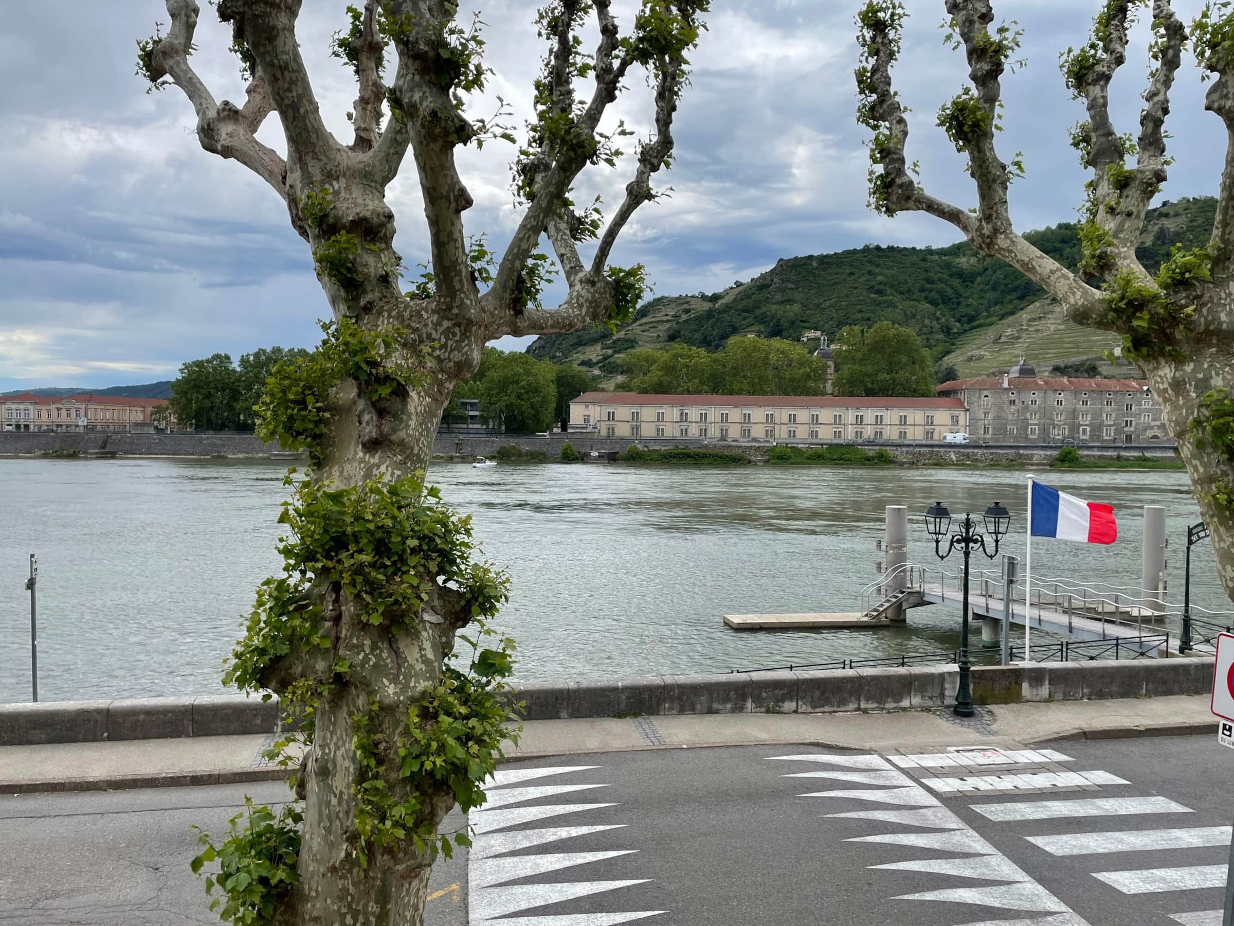 Les platanes du quai de la Bâtie, le Rhône et les façades de Tournon-sur-Rhône sur l'autre rive