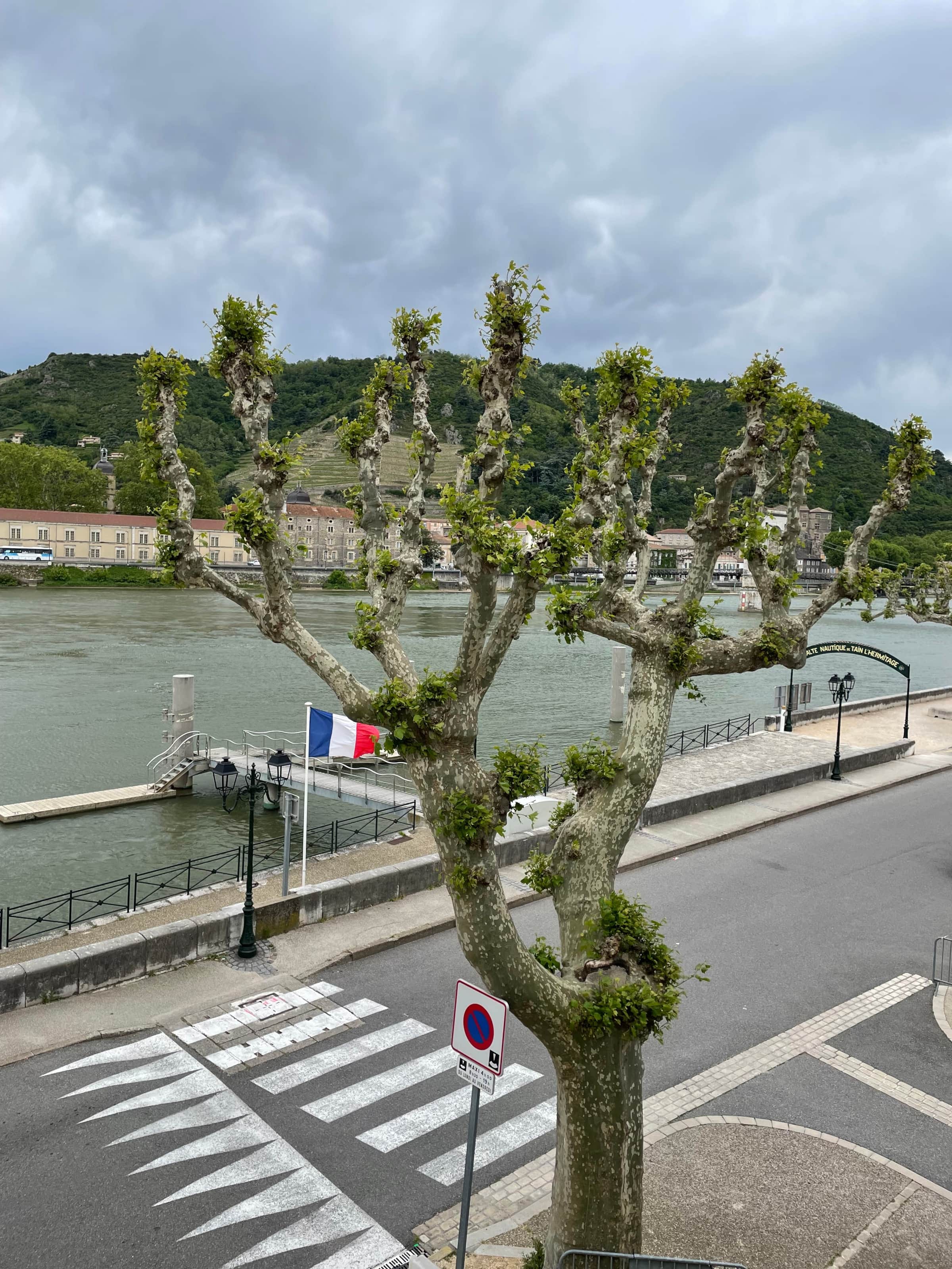 Vue depuis la maison sur le Rhône, la halte nautique, la passerelle et les coteaux de l'Hermitage